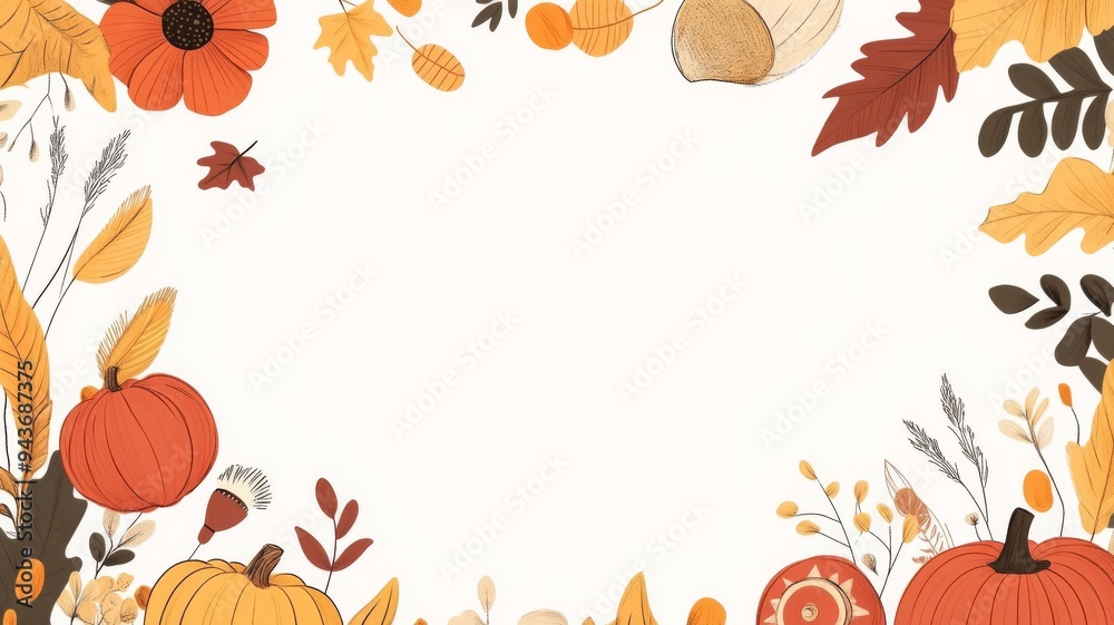 Naklejka premium A Thanksgiving theme border, seasonal festive, featuring pumpkins, sunflowers, colorful leaves, pies, and others. Warm colors, on white background.