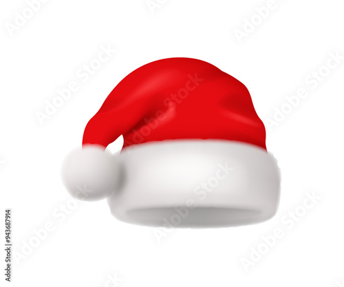 Red Santa Claus hat with white fur, realistic 3d vector illustration. New Year red hat for video chat effects. Vector illustration of xmas selfie filter character. Holiday Santa wear accessory