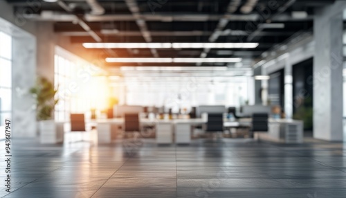 The interior of a contemporary office features spacious work areas with sleek furniture and abundant natural light streaming through large windows at sunset