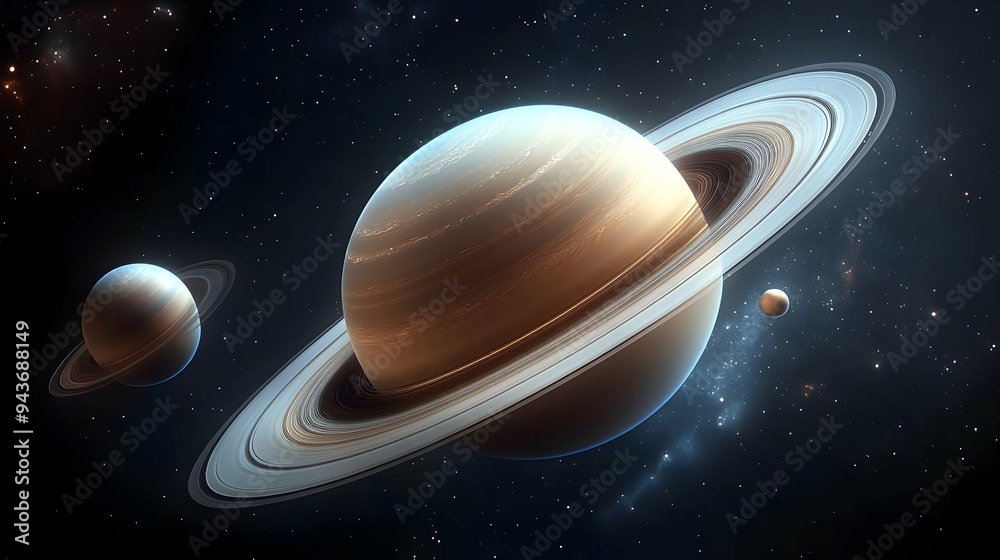 Naklejka premium A large planet with rings, possibly Saturn, is shown in space with a few stars in the background.