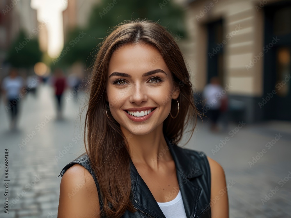 Beautiful woman in city, smiling at camera, close-up portrait Beautiful woman in city, smiling at camera, close-up portrait