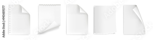 Sticky notes with curly edges. Vector isolated set of blank realistic pages with curly corners, folding or sticking. Notebook sheet for writing and drawing,sketchbook piece. Office and school supplies