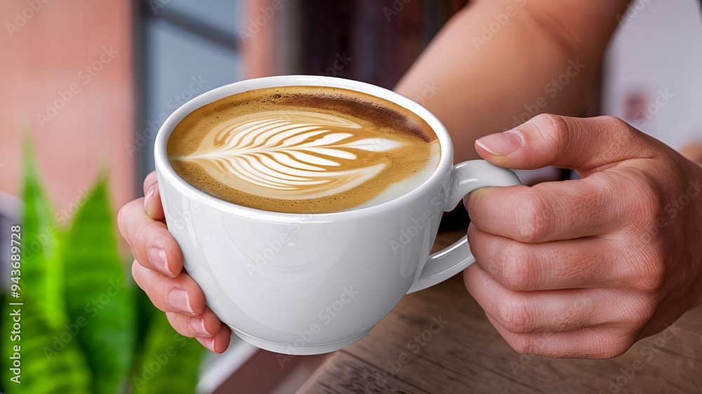 Hand Holding a Warm Cup of Coffee on a Wooden Table, Surrounded by Soft Light and Natural Vibes Hand Holding a Warm Cup of Coffee on a Wooden Table, Surrounded by Soft Light and Natural Vibes