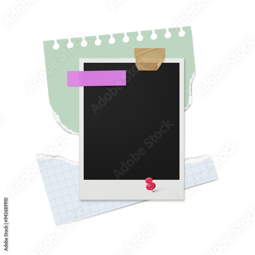 Photo frame collage with tape vector mockup. Empty realistic postcard snap, album foto bank polaroid memory image with stickers. Film snapshot picture and cut pieces of paper design