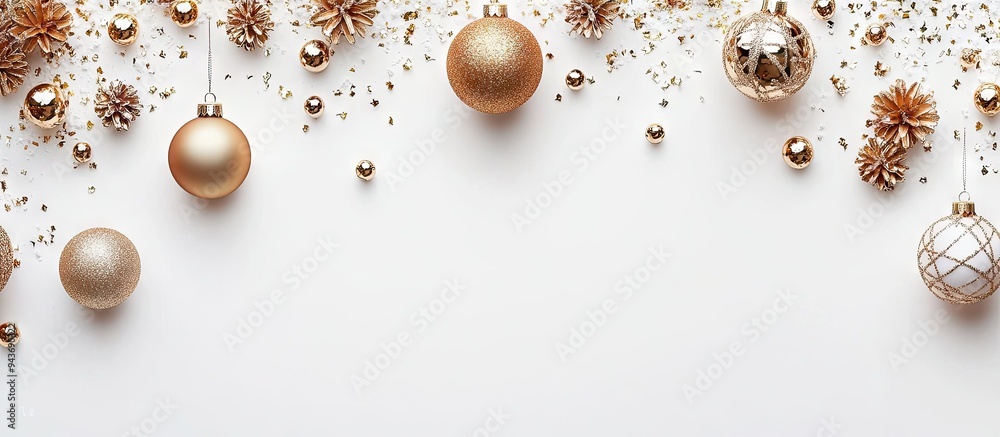 Fototapeta premium Golden New Year and Christmas ornaments and decorations on a white background. with copy space image. Place for adding text or design