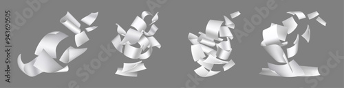 Group of flying paper sheets, isolated empty office documents floating in air. Vector realistic stack of blank pages or notes in motion. Mess in paperwork. Falling leaflets or letters mockup