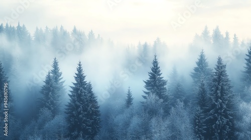 Multiple layers of fluffy, snowcovered trees fading into the distant fog, creating a soft and dreamy atmosphere, Fluffy Distant Layers, Dreamy winter forest