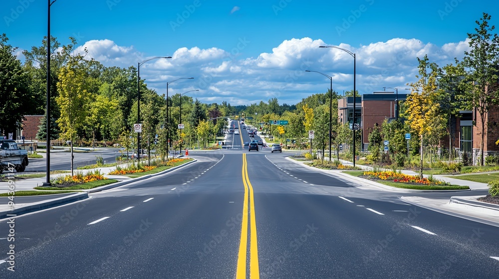 Newly paved asphalt road through a bustling urban area, lined with fresh road signs and clean sidewalks, Asphalt Road, Modern infrastructure Newly paved asphalt road through a bustling urban area, lined with fresh road signs and clean sidewalks, Asphalt Road, Modern infrastructure