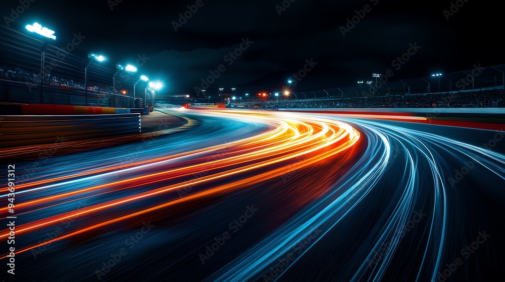 Nighttime race on a brightly lit track, with cars creating trails of light as they zoom past, Race Track, Dynamic night racing Nighttime race on a brightly lit track, with cars creating trails of light as they zoom past, Race Track, Dynamic night racing