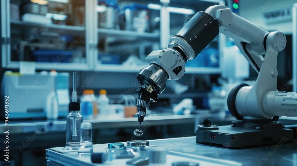 Close-up of a robotic arm performing delicate assembly tasks in an advanced engineering lab Close-up of a robotic arm performing delicate assembly tasks in an advanced engineering lab