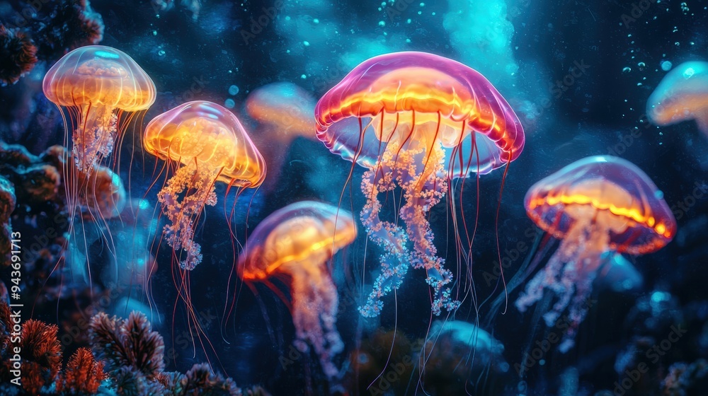 Naklejka premium A Surreal Underwater Dreamscape featuring Bioluminescent Jellyfish Illuminated by Vivid Colors