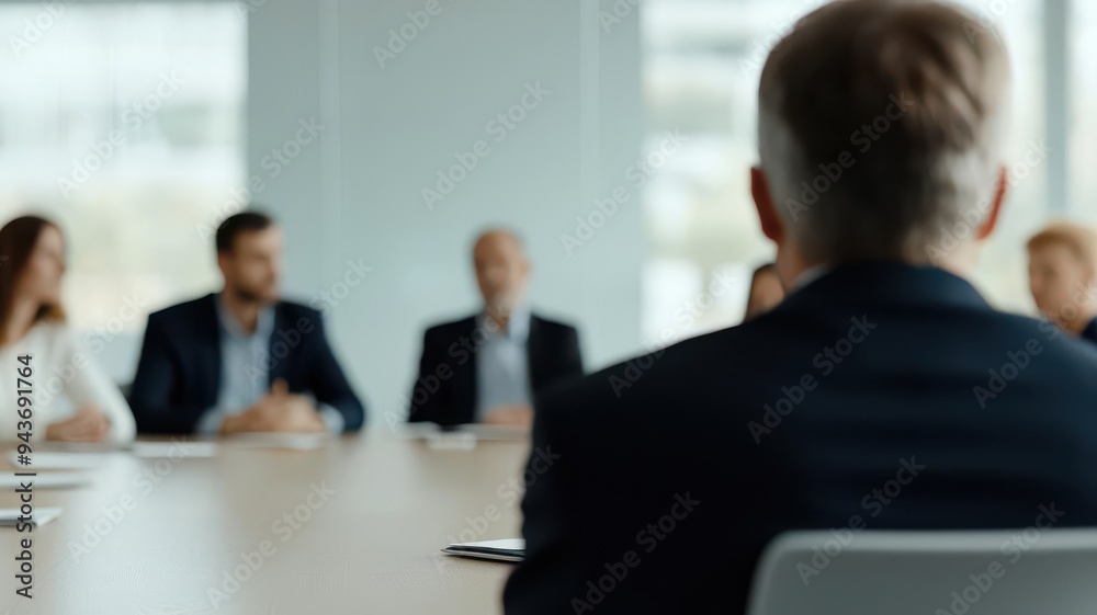 A business meeting in a modern office setting, with professionals engaged in discussion around a large table. A business meeting in a modern office setting, with professionals engaged in discussion around a large table.