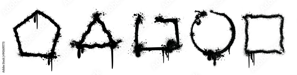 Spray stencil frame collection, isolated geometric shapes borders in grunge style. Vector framework set with aerosol paint texture. Pentagon, rectangle and circle, square and triangular with splashes