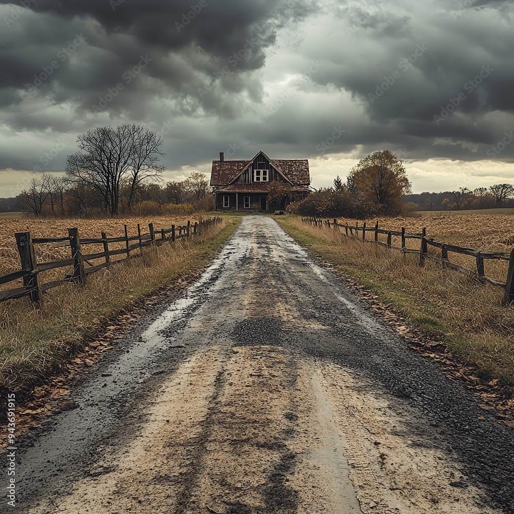 Old country road with uneven asphalt, leading to an abandoned farmhouse under stormy skies, Asphalt Road, Abandonment and decay Old country road with uneven asphalt, leading to an abandoned farmhouse under stormy skies, Asphalt Road, Abandonment and decay