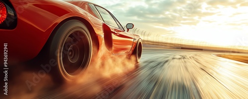 Race car speeding down a racetrack road, with dust kicking up from the rear tires, emphasizing raw power, Racetrack Road, Speed and aggression