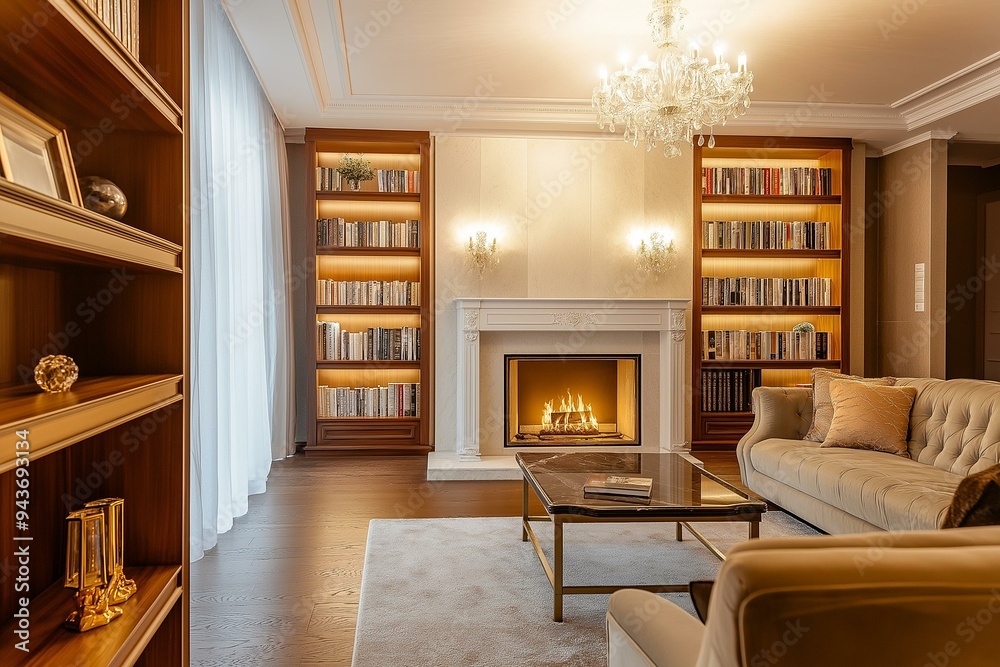 Elegant Interior Design of a Cozy Living Room with a Warm Fireplace