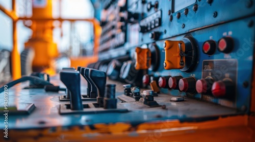 Detailed image of a construction crane's control panel, with levers and buttons ready for operation