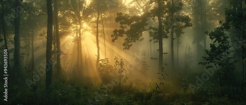 Fototapeta Naklejka Na Ścianę i Meble -  Sunlit forest with golden light filtering through trees showcasing magical woodland and nature's beauty concept