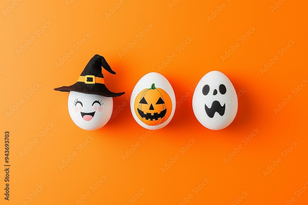 Celebration of Halloween with Themed Eggs on an Orange Background