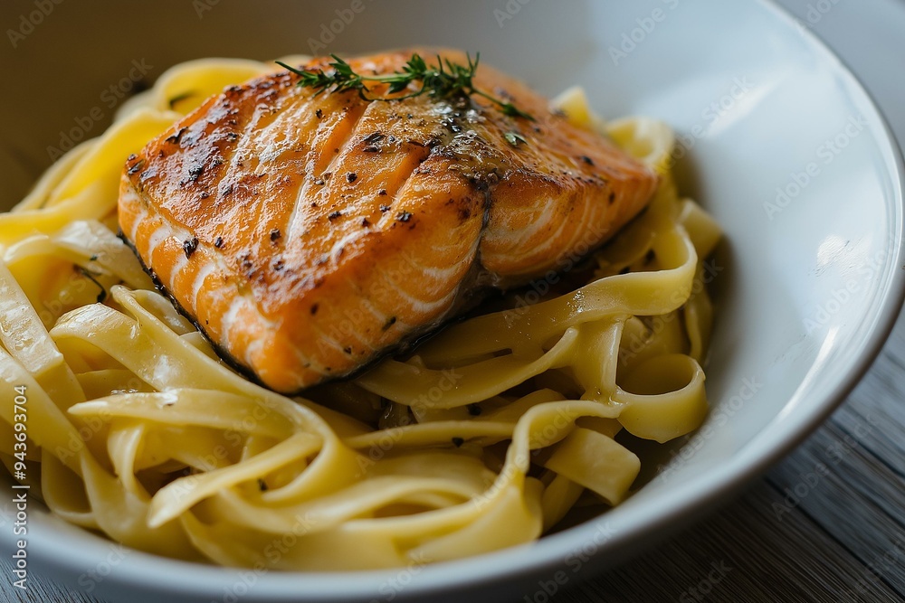 Succulent Grilled Salmon on a Bed of Fettuccine