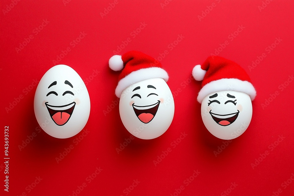 Three Eggs with Christmas Hats on a Red Background