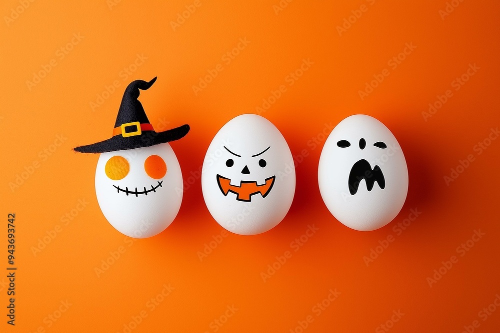 Vibrant Halloween Themed Eggs on Orange Background