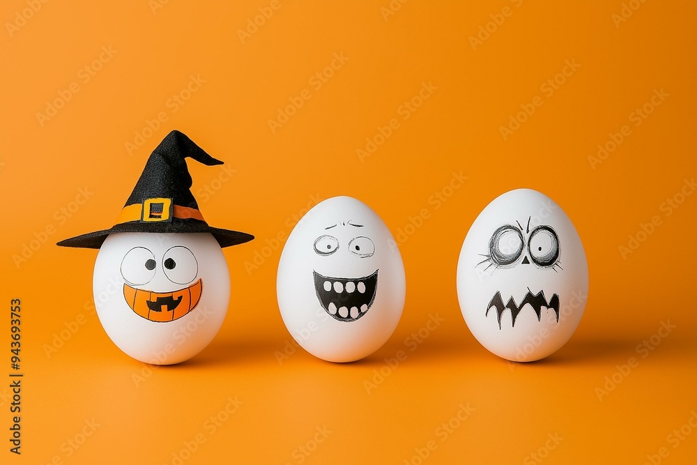 Three Eggs with Halloween Faces on Bright Orange Background