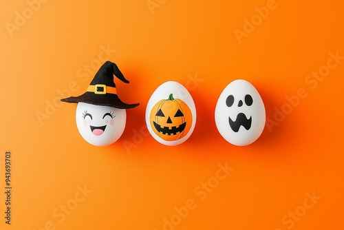Obraz na płótnie Celebration of Halloween with Themed Eggs on an Orange Background w salonie