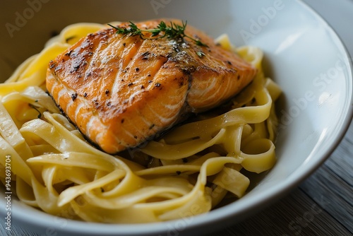 Obraz na płótnie Succulent Grilled Salmon on a Bed of Fettuccine w salonie