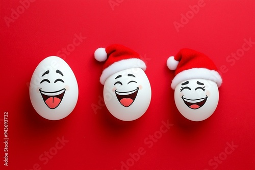 Obraz na płótnie Three Eggs with Christmas Hats on a Red Background w salonie