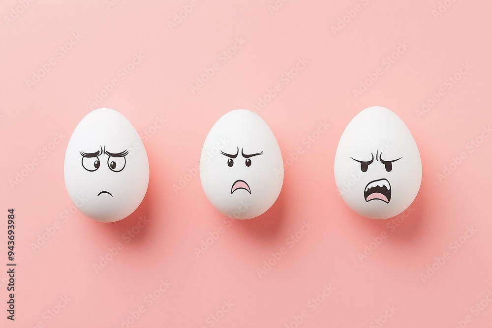 Three Expressive Eggs on Soft Pink Background