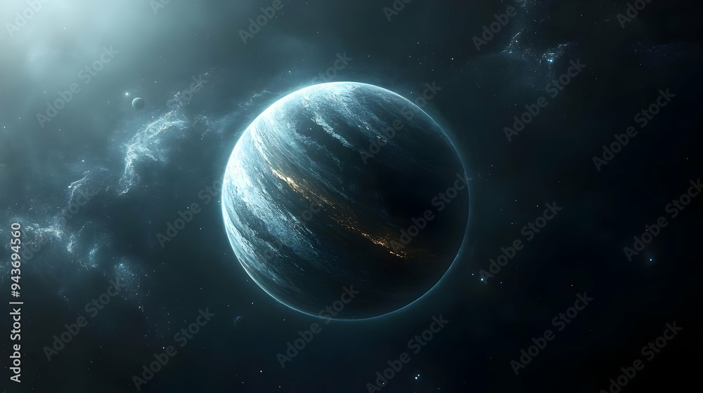 A large, icy planet with a thin atmosphere in deep space. A large, icy planet with a thin atmosphere in deep space.