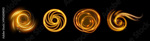 Gold twirls, isolated curves with shining particles with light effect of neon. Vector luminous spirals with bright dust. Advertising or postcards, invitations or screensavers, websites or games design