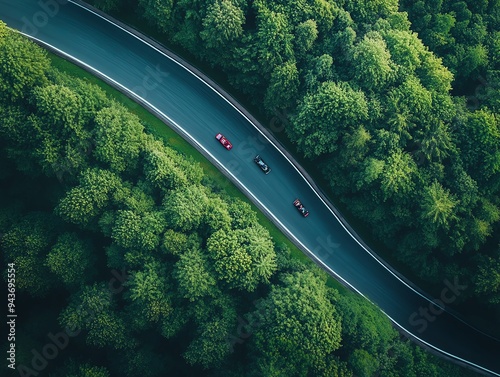 Topdown view of a race track surrounded by dense forest, with cars speeding through the green landscape, Race Track, Nature and speed