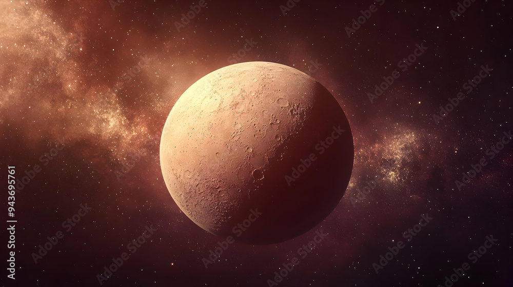 Naklejka premium A large, rocky planet with craters, set against a backdrop of a dark, starry sky.