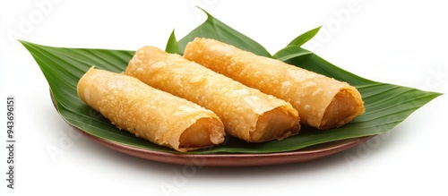 Dadar Gulung also known as Dadar Unti is a traditional Indonesian finger food jajan pasar made from grated coconut sweetened with palm sugar and wrapped in pandan crepes Copy space on a white backgro photo