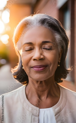 Grateful Senior African American Woman in Spiritual Contemplation, Captured in a Serene Close-Up Portrait, Embracing the Presence of God