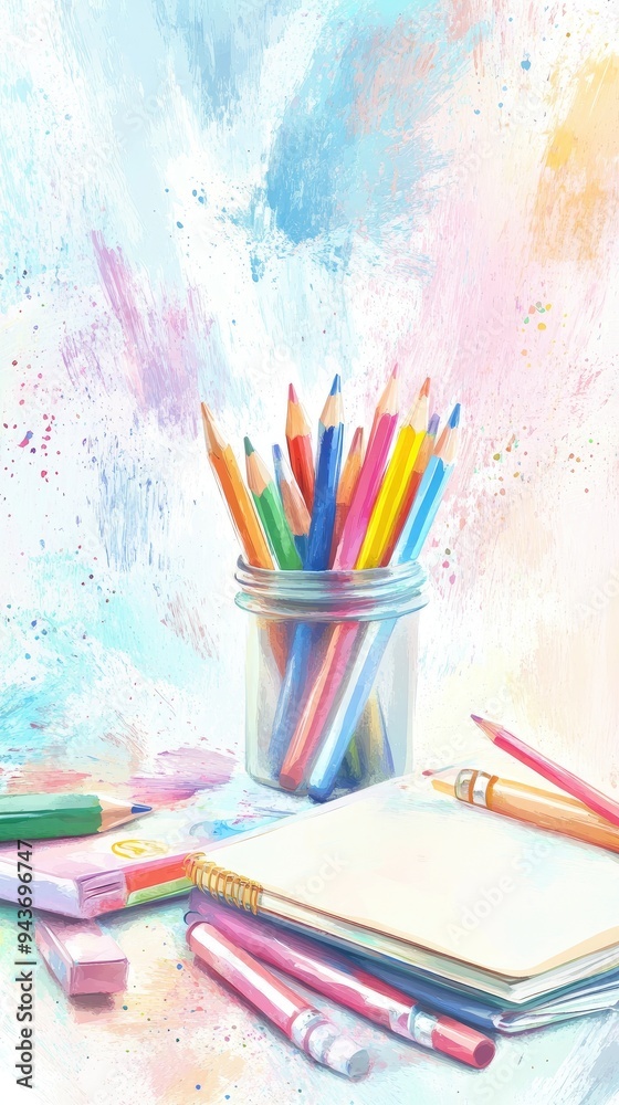 Fototapeta premium Vibrant art supplies in a creative workspace, featuring colored pencils, a sketchbook, and artistic tools for inspiration.