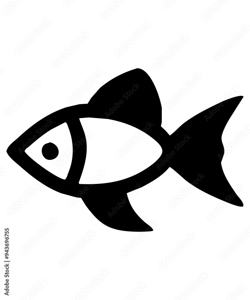 black outline illustration icon of a fish isolated on white, resembling fishery, seafood, wildlife, aquarium
