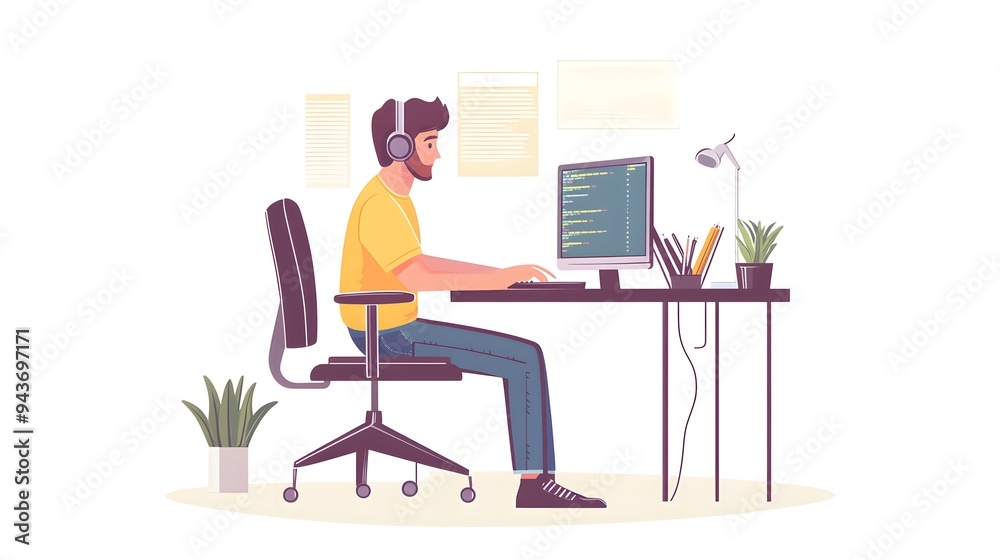 A young male programmer is sitting at his desk. He has headphones on, and the computer screen shows code A young male programmer is sitting at his desk. He has headphones on, and the computer screen shows code