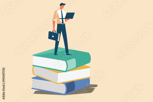 Businessman standing on a stack of books while holding a laptop, as a symbol of the importance of science and technology in business