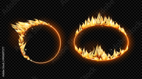 Burning borders with tongues of flame. Vector isolated set of circles with blazing fire. Realistic frames with burning lines, performance or glowing light, game design, fiery hoop or portal