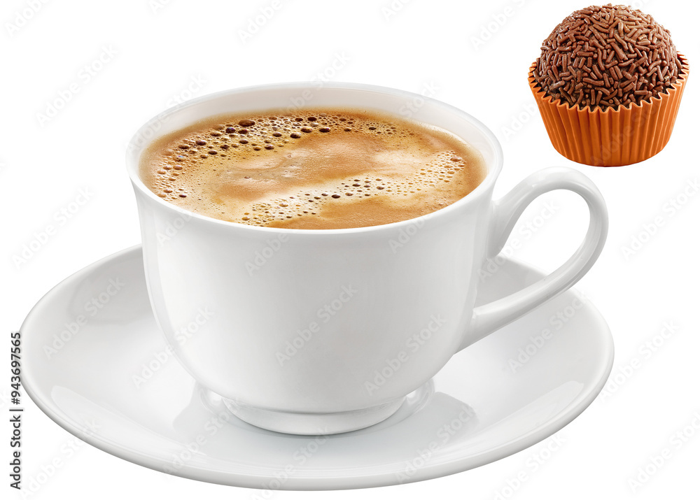 xícara de café expresso cremoso acompanhado de sobremesa brasileira brigadeiro isolado em fundo transparente xícara de café expresso cremoso acompanhado de sobremesa brasileira brigadeiro isolado em fundo transparente