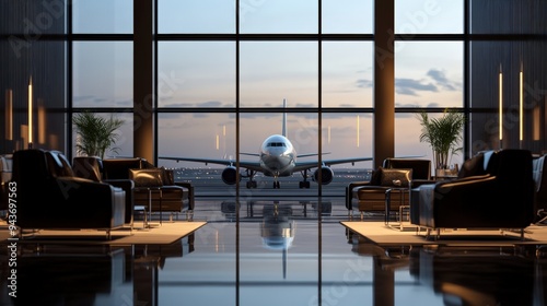 Modern Airport Lounge with Airplane View and Luxurious Seating for VIP Guests photo