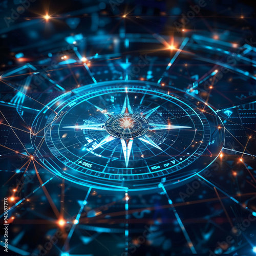 Wallpaper Mural futuristic network of Digital and business transformation connected by graphs to a compass shown from birds eye view with front-lighting  Torontodigital.ca