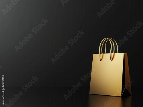 Elegant black backdrop, gold shopping bag icon positioned in the lower left, ideal for showcasing text centrally, creating a luxurious and modern aesthetic.