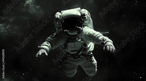 A lone astronaut floats in the vast expanse of space, surrounded by a field of twinkling stars.