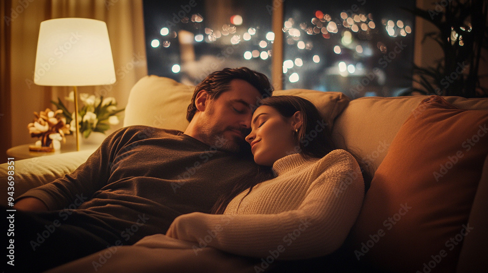 Nostalgic cinematic photo of a couple in love, lying on a sofa together, tenderly embracing. Dark night and city lights outside a window. Comfy place. Nostalgic cinematic photo of a couple in love, lying on a sofa together, tenderly embracing. Dark night and city lights outside a window. Comfy place.
