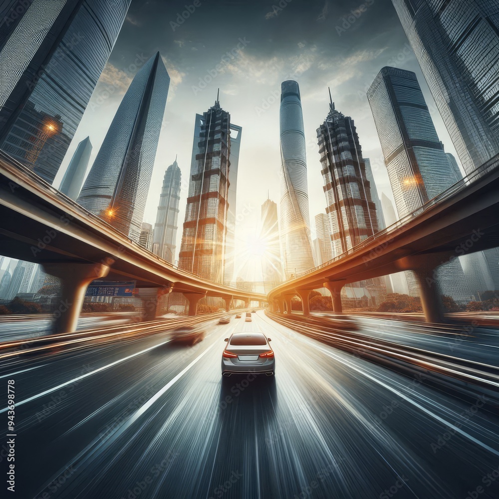 Obraz premium The point-of-view perspective from a driving car on a highway captures the sense of motion and travel 
