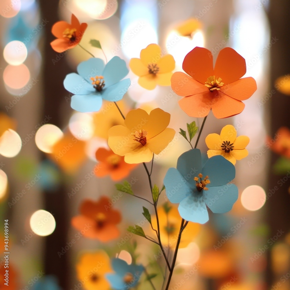 Colorful paper flowers add whimsy to a serene forest setting in the heart of spring Colorful paper flowers add whimsy to a serene forest setting in the heart of spring